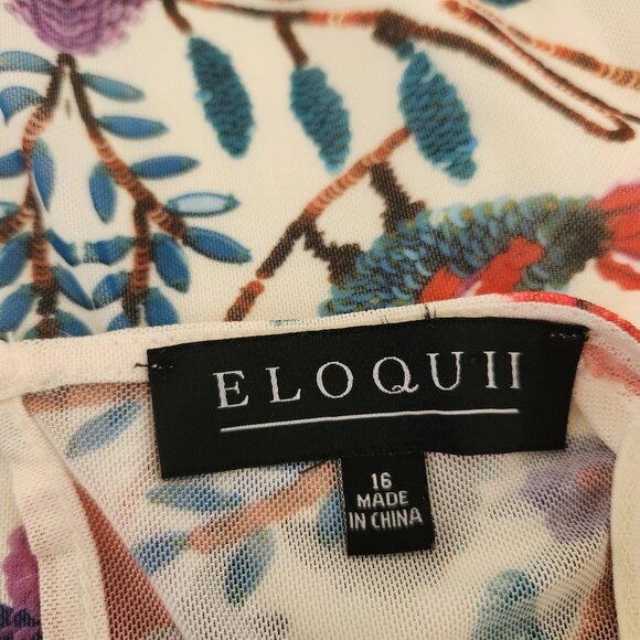 ELOQUII Size 16 Floral Birds Multicolor Mesh Long Sleeve Boho Stretch Dress - Picture 8 of 9